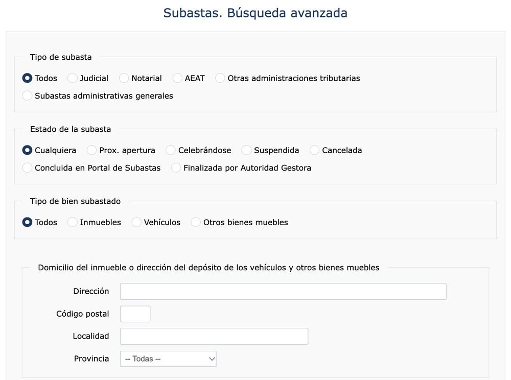 Portal de Subastas del BOE: búsqueda avanzada por tipo de subasta, estado y tipo de bien