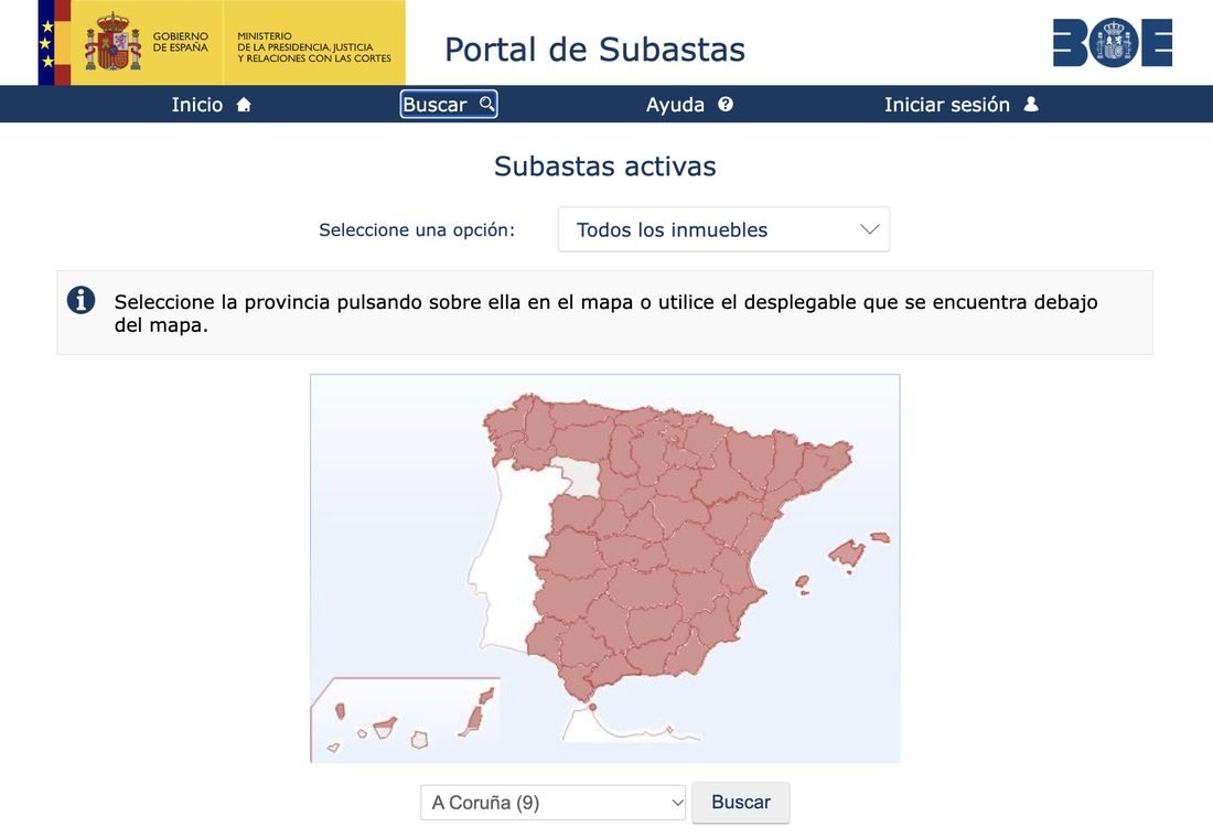 Portal de Subastas del BOE: mapa de subastas activas por provincia